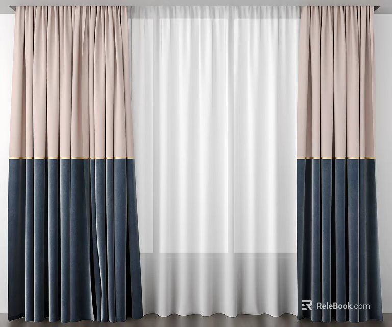 Two Tone Pink And Navy Blue Curtains With White Sheer Curtain In The Middle 3d model 