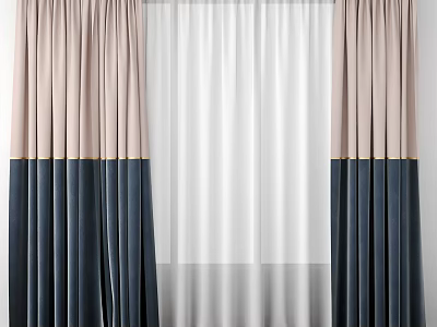 Two Tone Pink And Navy Blue Curtains With White Sheer Curtain In The Middle 3d model