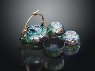Elegant Green Tea Set With Golden Handle Teapot And Decorative Teacups 3d model