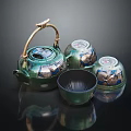Elegant Green Tea Set With Golden Handle Teapot And Decorative Teacups