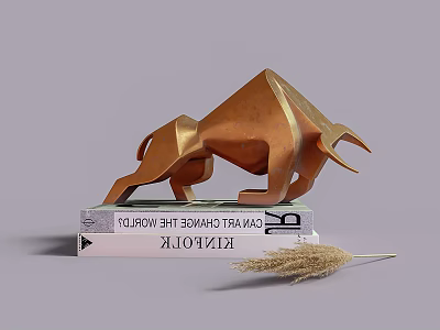 Geometric Bronze Bull Sculpture On Stacked Books With Dried Grass Decor 3d model