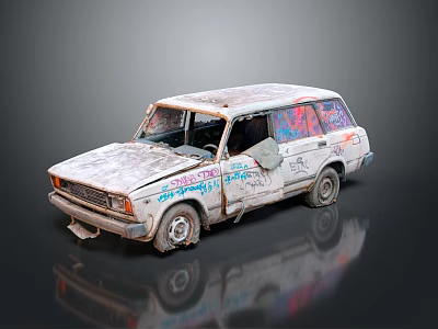 Old White Station Wagon Car Covered With Colorful Graffiti And Worn Paint 3d model