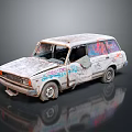 Old White Station Wagon Car Covered With Colorful Graffiti And Worn Paint