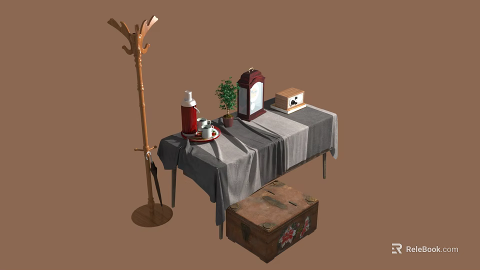 Vintage Furniture Collection With Wooden Coat Rack Table And Decorative Trunk Items 3d model 