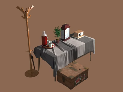 Vintage Furniture Collection With Wooden Coat Rack Table And Decorative Trunk Items 3d model