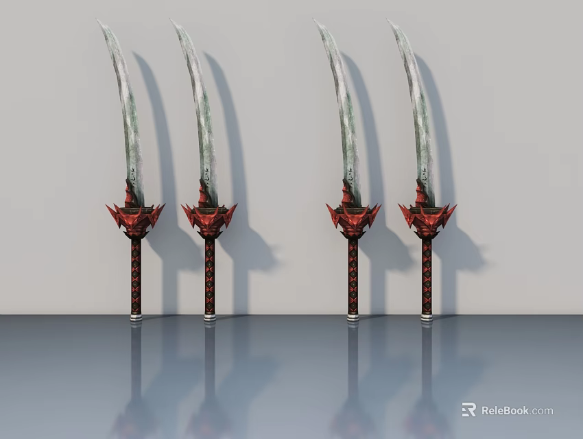 Four Decorative Curved Swords With Red Accents And Sharp Blades 3d model 