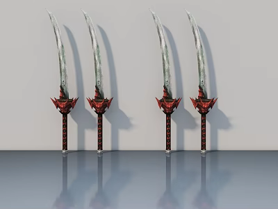 Four Decorative Curved Swords With Red Accents And Sharp Blades 3d model