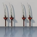 Four Decorative Curved Swords With Red Accents And Sharp Blades