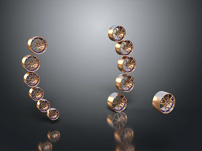 Gold Circular Decorative Components Arranged In Curved And Vertical Patterns With Reflective Surfaces 3d model