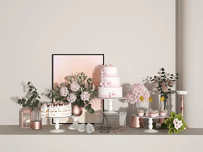 Decorative Ornament Set with Pink Cake Flower Bouquets Copper Decorations and Glass Display Stands 3d model