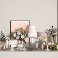 Decorative Ornament Set with Pink Cake Flower Bouquets Copper Decorations and Glass Display Stands