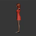 Red Haired Woman in Red Dress with Fishnet Stockings Arms Outstretched Gray Black Background