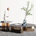 Modern Round Coffee Tables With Gold Metal Base Green Plant Vase Rabbit Figurine And Books