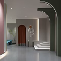 Modern Public Interior Space Featuring Circular Structure Green Curved Seating And Arched Doorway