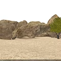 Large Natural Stone Boulders and Wood Tree in Sandy Desert with Clear Blue Sky