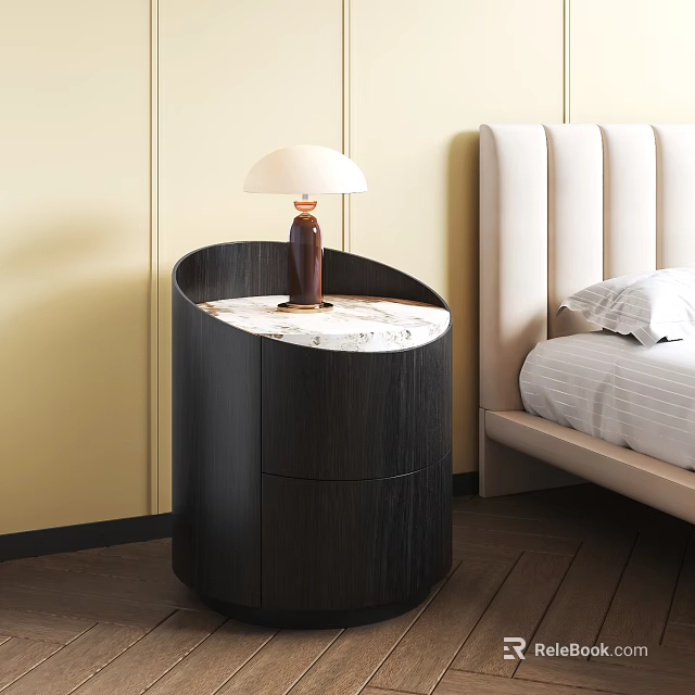 Modern Black Bedside Table With Marble Top And White Lampshade In Bedroom 3d model 