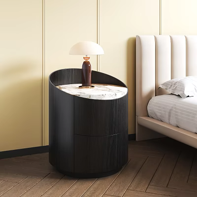 Modern Black Bedside Table With Marble Top And White Lampshade In Bedroom 3d model