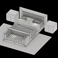 White Upholstered Double Bed With Stitched Headboard Nightstands Drawers And Beige Bedding On Rug
