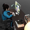 Cozy Home Office Desk Setup With Computer Monitor Lamp Books And Typing Person