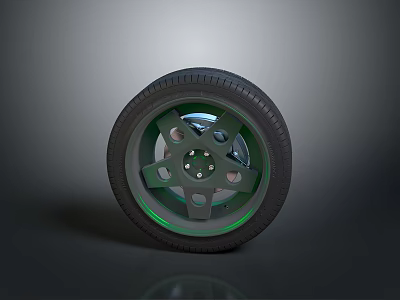 High Performance Car Wheel Component With Black Tire Alloy Rim Green Accents 3d model