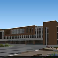 Modern School Building With Red Brick Exterior White Columns And Front Plaza