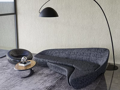 Unique Shaped Gray Sofa In Modern Interior With Round Coffee Table And Floor Lamp 3d model