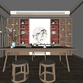 Traditional Chinese Tea Room With Wooden Bookshelves Red Compartments Circular Decoration Long Table And Stools