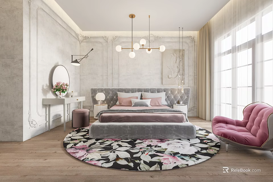 Elegant Modern Bedroom Interior With Upholstered Bed Round Floral Rug And Pink Armchair 3d model 