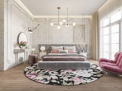 Elegant Modern Bedroom Interior With Upholstered Bed Round Floral Rug And Pink Armchair 3d model