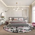 Elegant Modern Bedroom Interior With Upholstered Bed Round Floral Rug And Pink Armchair