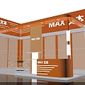 Orange Exhibition Booth With MAX Logo Reception Desk Glass Partitions And Tables Chairs