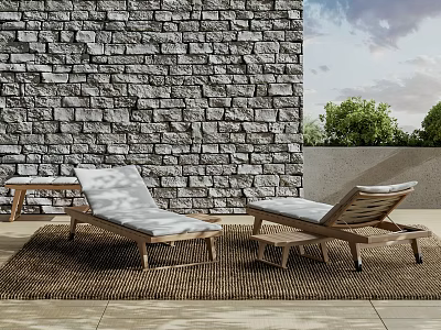 Outdoor Wooden Lounge Chairs With Light Cushions By Stone Wall And Woven Rug 3d model