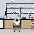 Modern Laboratory Setup With Lab Bench Shelves Microscope Colorful Bottles And Potted Plant