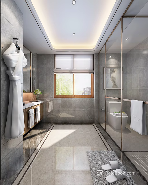 Hotel Bathroom Interior with Gray Tiled Walls Window Shower Toilet and Vanity 3d model 