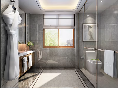 Hotel Bathroom Interior with Gray Tiled Walls Window Shower Toilet and Vanity 3d model