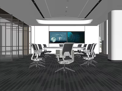 Modern Conference Room Interior With Large Screen Conference Table And Ergonomic Chairs 3d model