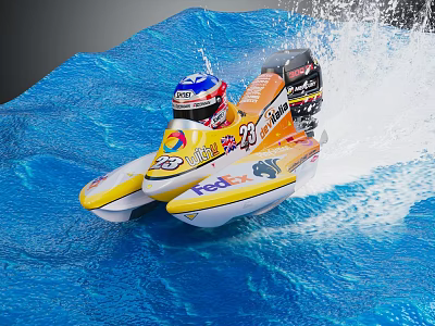 High Speed Yellow White Speedboat With Number 38 FedEx Logo Racing On Splashing Water 3d model