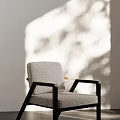 Stylish Upholstered Accent Chair With Black Frame And Metal Armrests In Natural Light Shadow