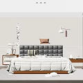 Modern Bedroom Interior With Gray Upholstered Headboard Striped Quilt Pillows Nightstands Rug And Ambient Lighting