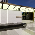 Modern Residential Entrance With Glass Canopy White Walls And High Rise Buildings