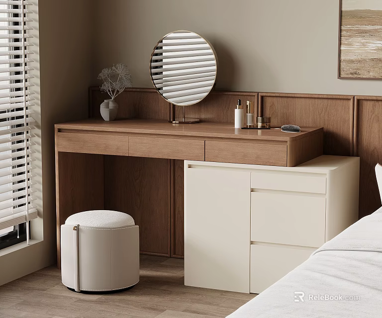Modern Wooden Dressing Table in Bedroom with Round Mirror White Stool Cosmetics and Storage Cabinet 3d model 