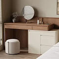 Modern Wooden Dressing Table in Bedroom with Round Mirror White Stool Cosmetics and Storage Cabinet