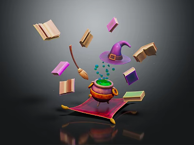 Flying Books Surrounding Magic Pot With Purple Wizard Hat Green Liquid And Red Cloth 3d model