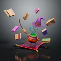 Flying Books Surrounding Magic Pot With Purple Wizard Hat Green Liquid And Red Cloth