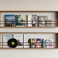 Modern Wooden Bookshelf with Black Bars Displaying Various Books Vinyl Record and Illustrated Items