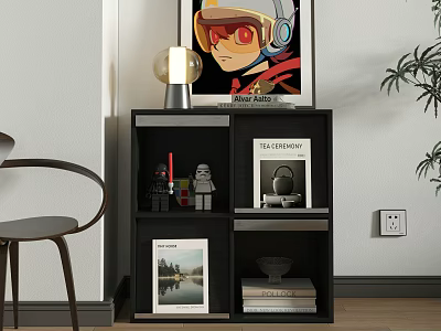 Black Entryway Side Cabinet With Layered Design Table Lamp Art Print Books And Decorative Figurines 3d model