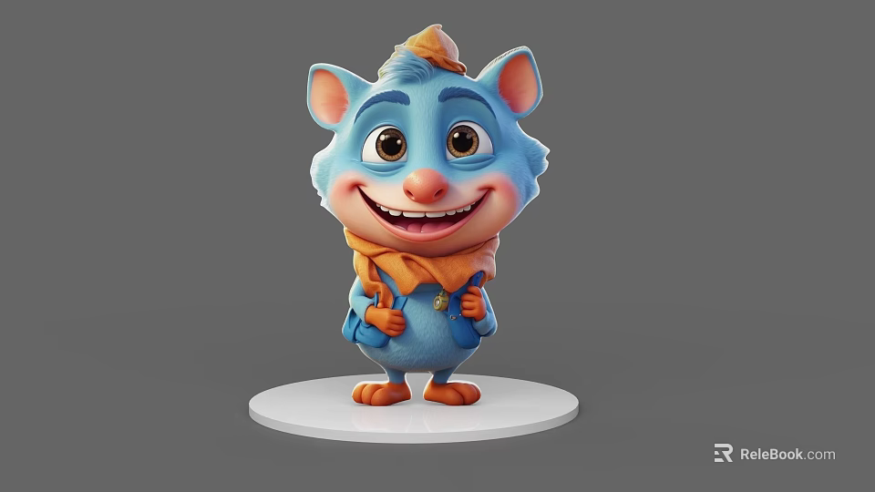 Blue Cartoon Game Character With Big Eyes Smiling Orange Scarf Hat Blue Overalls White Base 3d model 