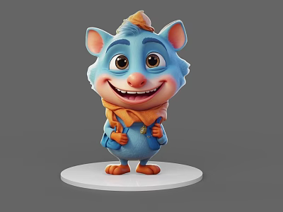 Blue Cartoon Game Character With Big Eyes Smiling Orange Scarf Hat Blue Overalls White Base 3d model