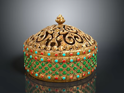 Golden Decorative Container With Intricate Openwork Carvings Green Red Gemstone Inlays And Small Top Ornament 3d model