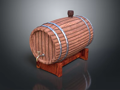Wooden Storage Barrel With Metal Hoops Tap And Stand For Home Use 3d model